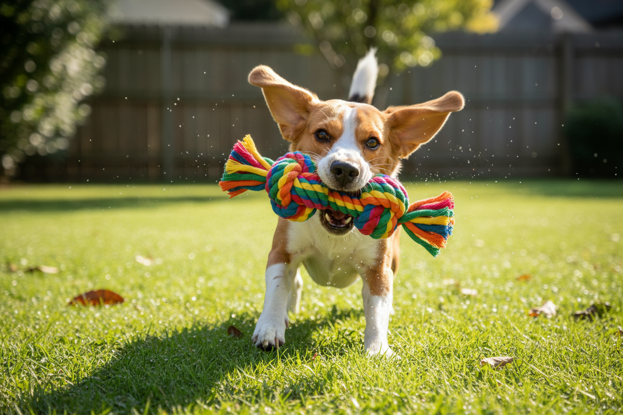 Beagle Playing with Rope Toy