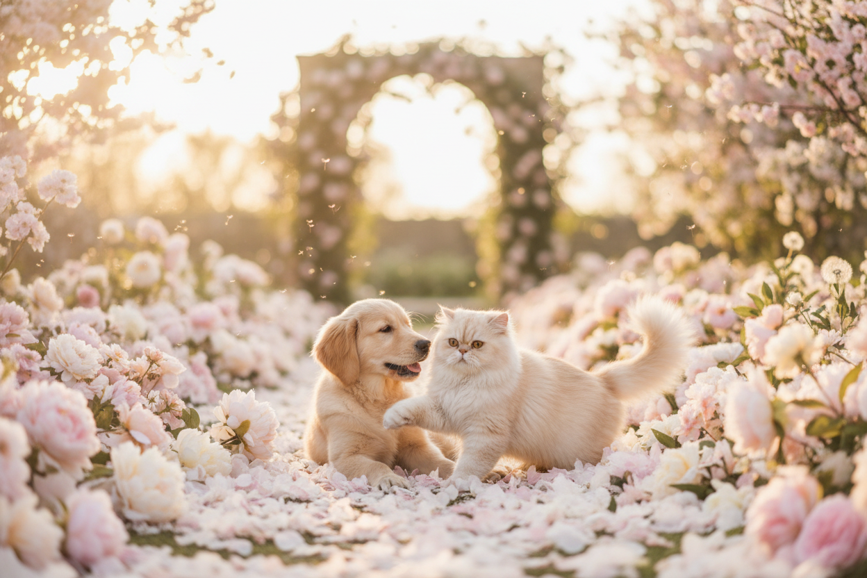 Cat and Dog in Pink Garden