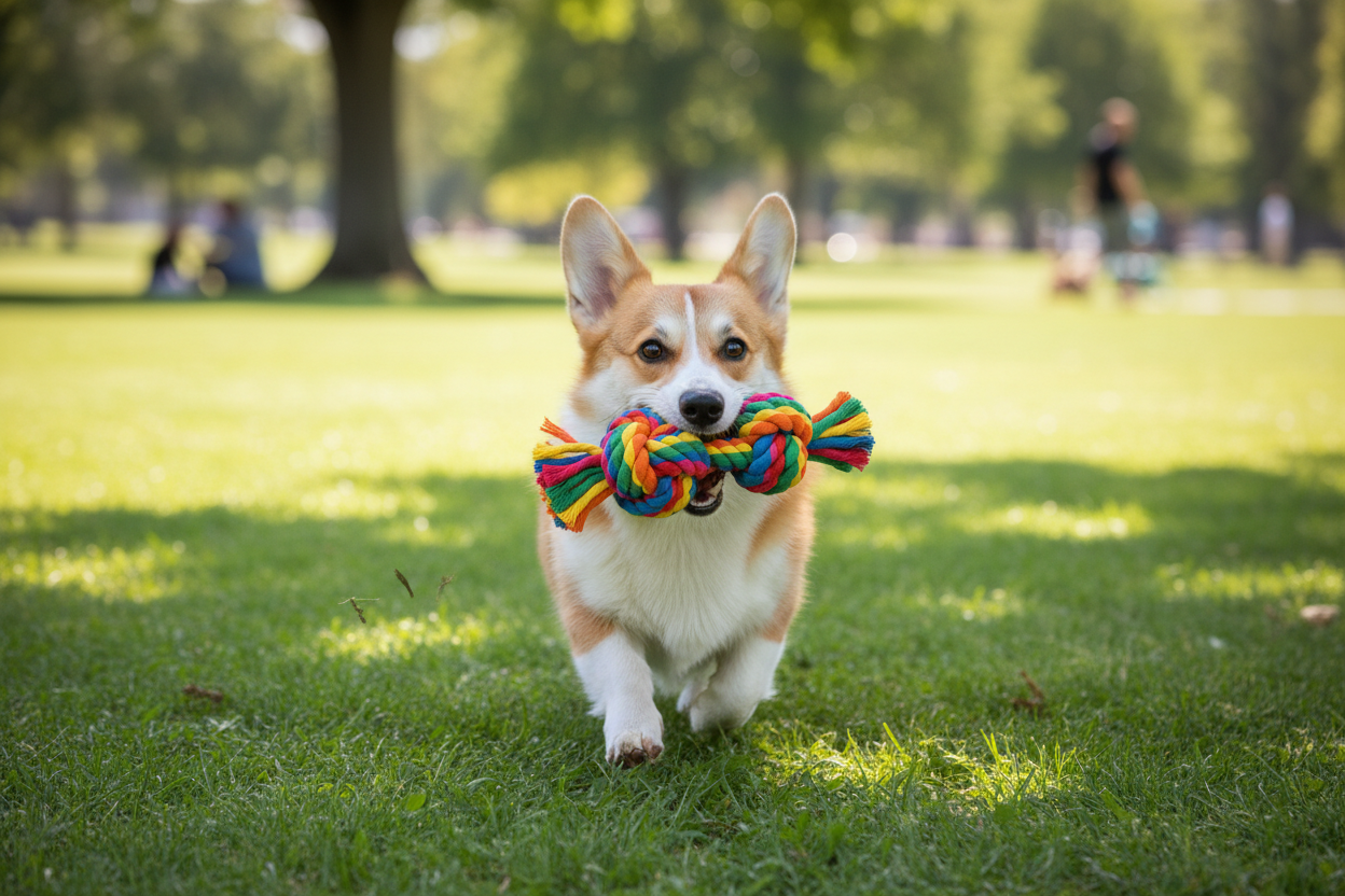 Corgi Playing with Rope Toy