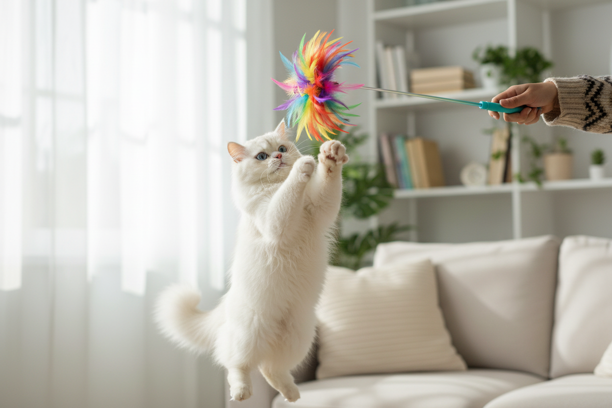White Cat Leaping at Wand