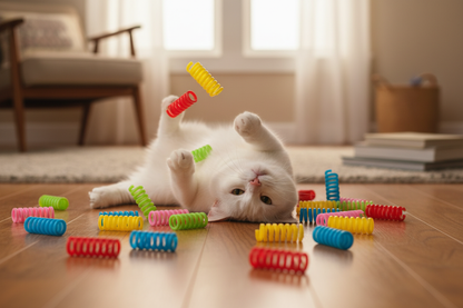 White Cat Playing Among Springs